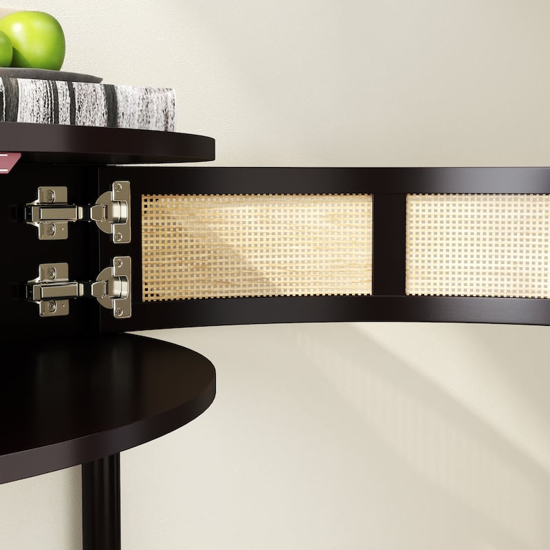 Boho Rattan Semi Circle End Table with Sliding Rattan Door,Elegant Entryway Console with Storage and Bottom Shelf