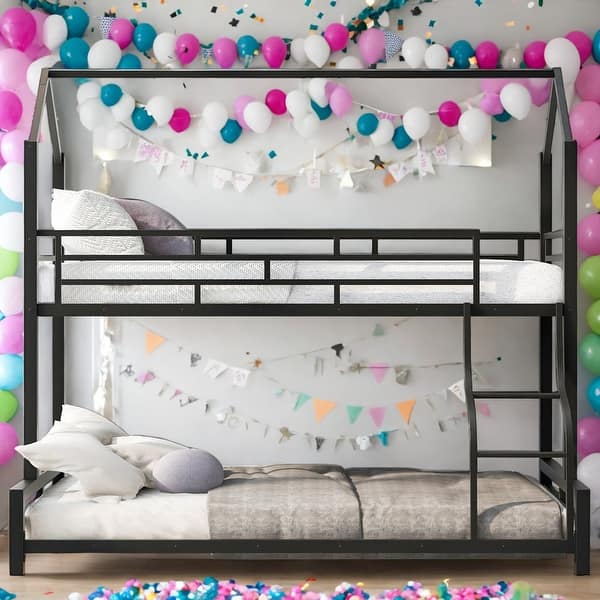 slide 2 of 12, 2 IN 1 Twin over Full House Bunk Bed With Sturdy Metal Frame for Bedroom Black