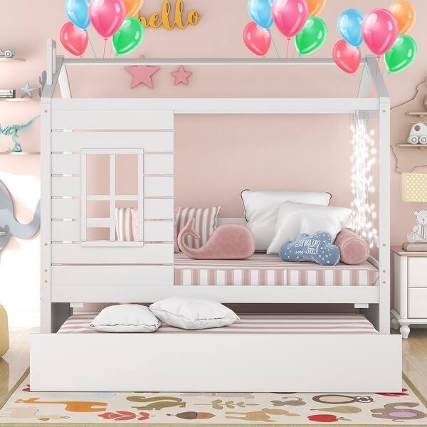 slide 2 of 18, Modern Twin Size House Bed Wood Bed With Twin Size Trundle And Solid Construction White