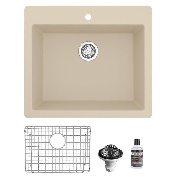 slide 22 of 60, Karran Top Mount 25 in. Single Bowl Quartz Kitchen Sink Kit Bisque