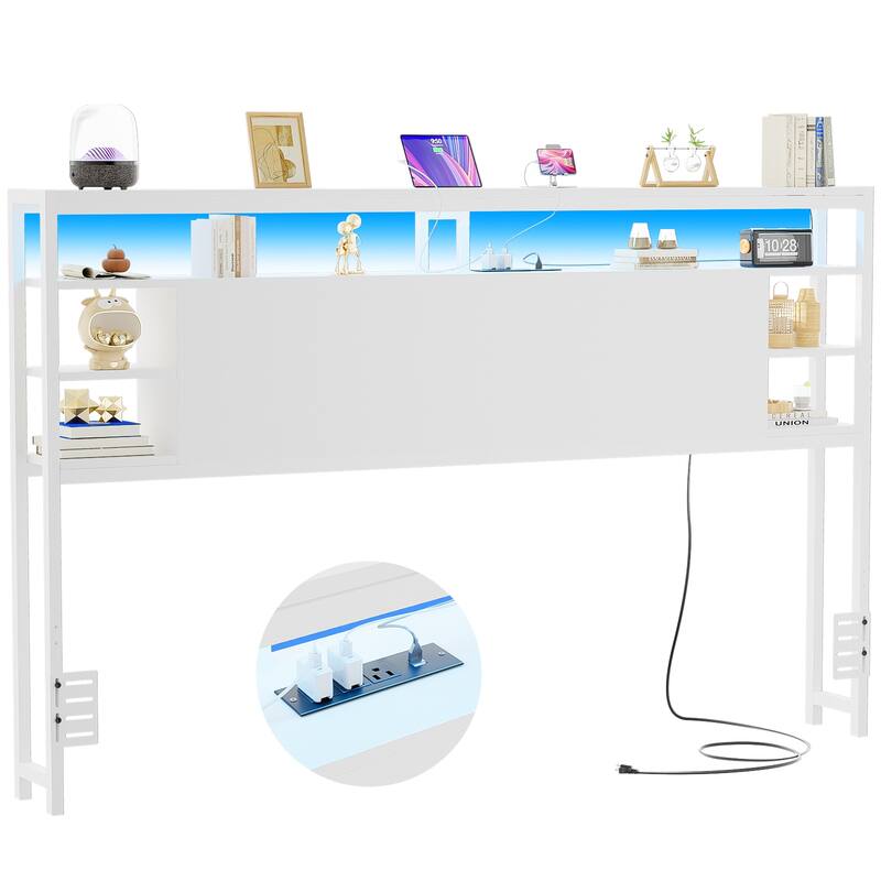 Headboards with Storage Shelves, Head Board with Power Outlet and LED Light for Bed Frame