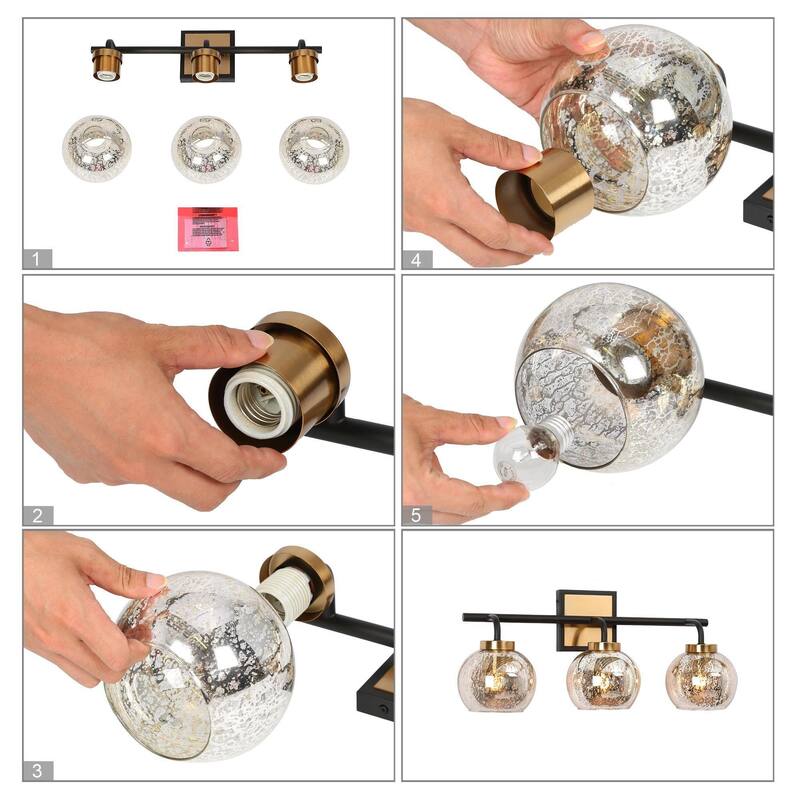 Ziv Modern 3-Light Black Gold Bathroom Vanity Lights with Mercury Globe Glass Shades