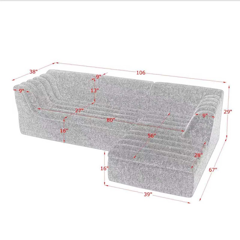 Modular Sectional Sofa with L-Shape Chaise Lounge, Chenille Upholstered Boneless Couch, Corner Sofa with Wave-Shaped Armrest