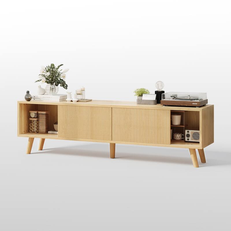 Meyreso 63" Modern Wood TV Stand with Sliding Doors, LED Lighting, and Adjustable Shelf - 64 inches in width