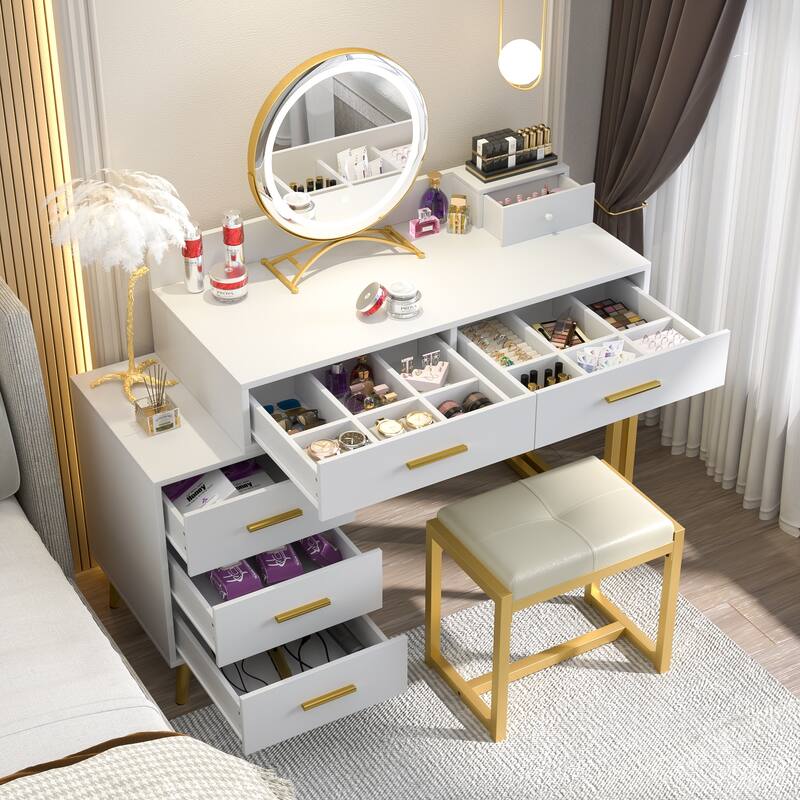 Makeup Vanity Desk with Stool and LED Mirror, Modern Makeup Table Vanity Desk with 6 Storage Drawers