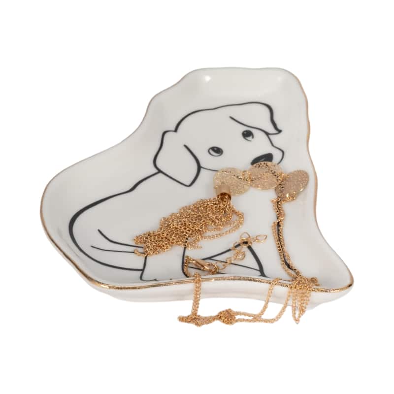 Sagebrook Home Dog and Cat Trinket Tray With Gold Detail, White/Black