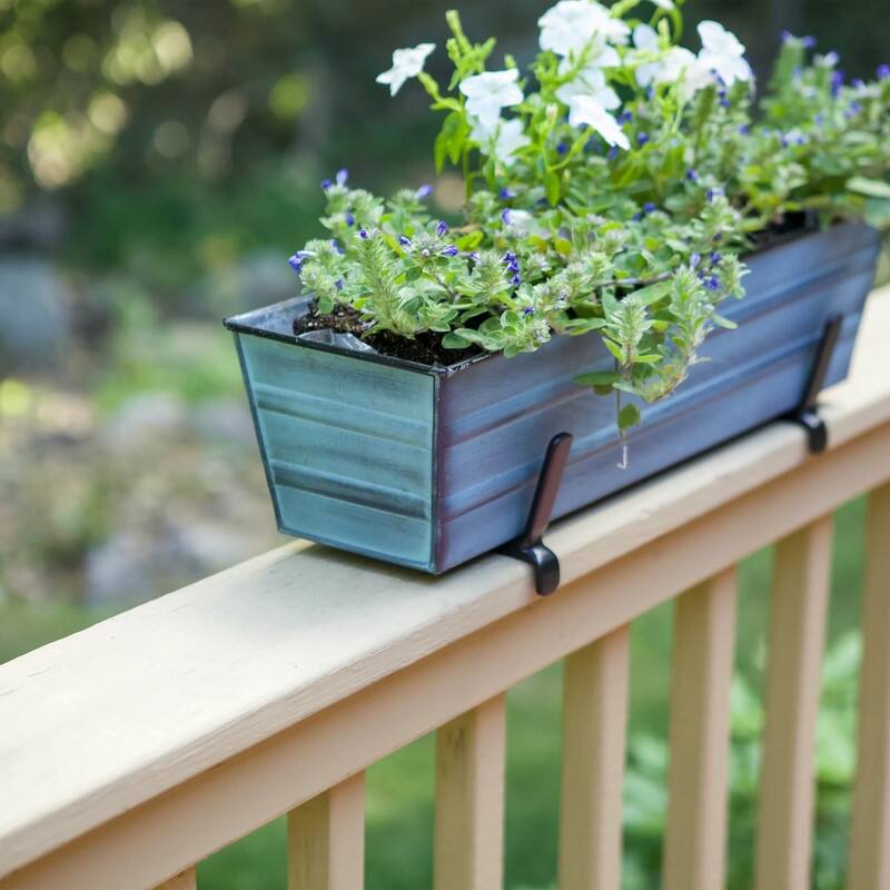 Achla Designs Small Galvanized Steel Flower Box Planter With Brackets for 2 x 6 Railings, 22 Inch Wide