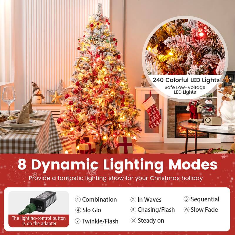 Gymax 4.5/6/7 FT Pre-Lit Artificial Christmas Tree Snow-Flocked Hinged