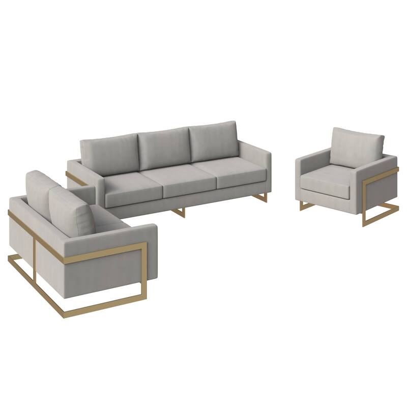 3-Piece Velvet Sofa Set with Gold Stainless Steel Base and Removable Cushions - Light Grey