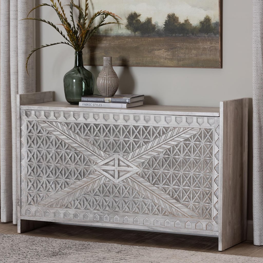 Amado Wood Storage Trunk with Carved Front Panel - Decorative Whitewashed Trunk with Spacious Hidden Storage, Vintage Boho Style