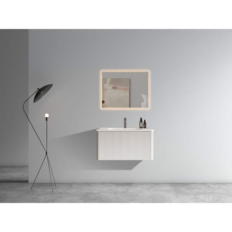 Modern Wall Mounted Striped Bathroom Vanity with Ceramic Sink