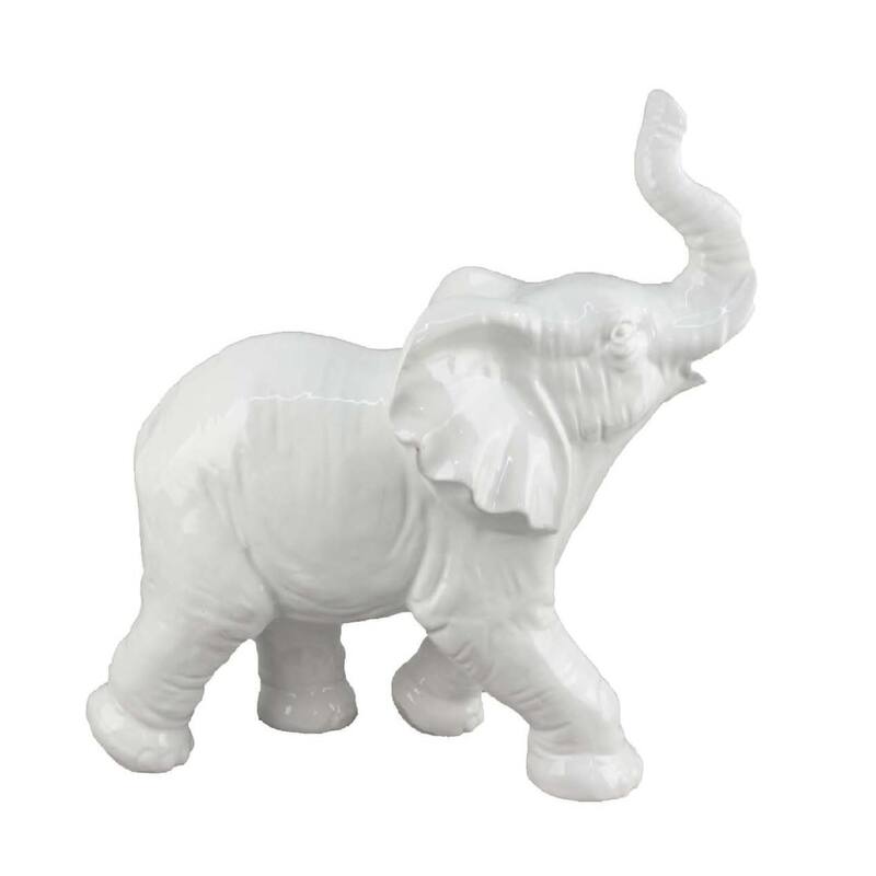 Capriz Tabletop Accent Decor, Elephant Raised Trunk, White Ceramic