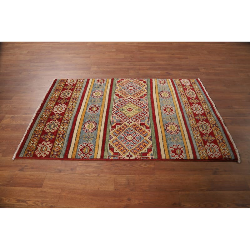 Multi-Color Geometric Kazak Foyer Rug Hand-Knotted Wool Carpet - 2'6"x 4'0"