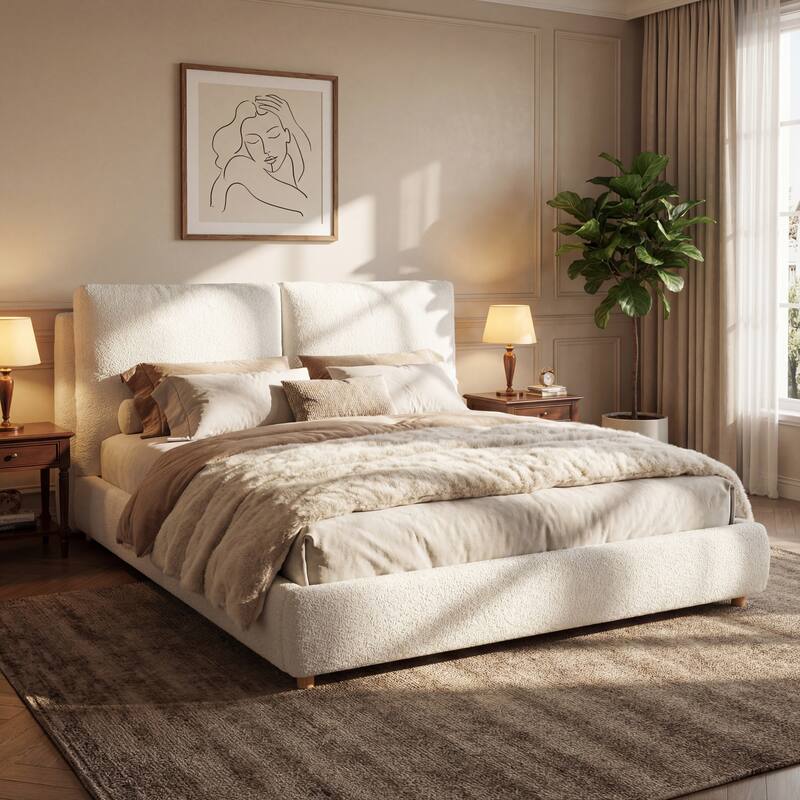 Christopher Knight Home - Charlotte Upholstered Boucle Platform Bed with Removable Pillow Headboard - White - California King