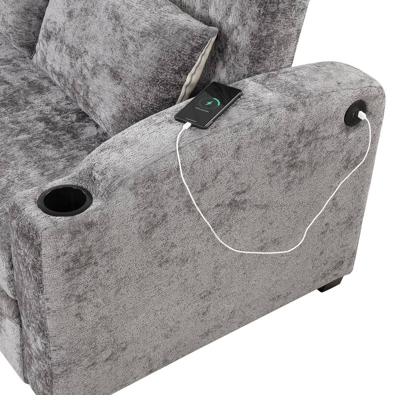 Chenille Convertible Loveseat Sofa Bed with Adjustable Backrest, USB Ports, and Cup Holders
