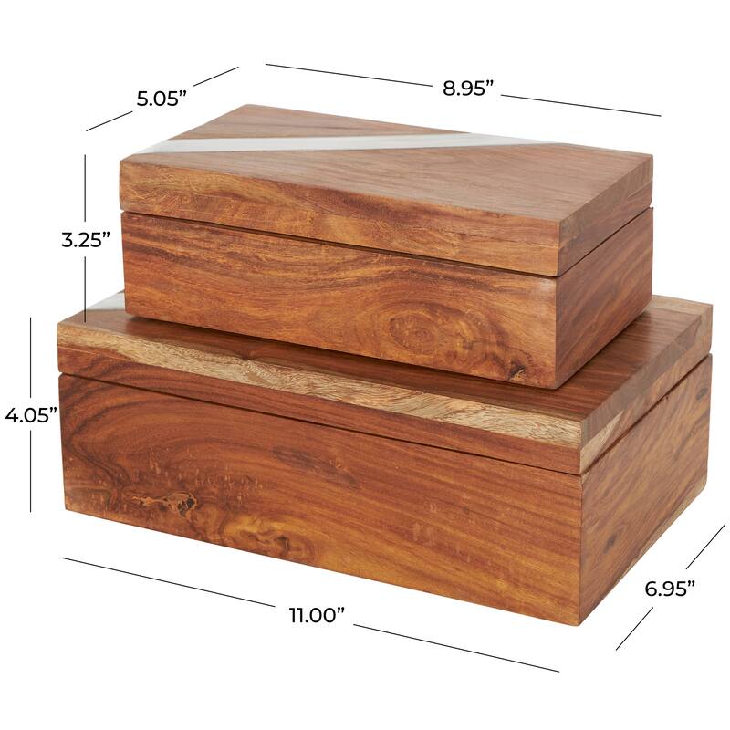 Mango Wood Box with Silver Diagonal Stripes - Set of 2 Brown - Roche River Decor - 7"W x 11"L x 4"H