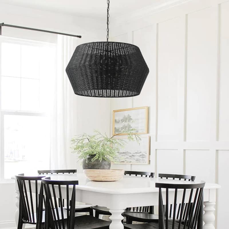 Matte Black 6-Light Natural Handwoven Rattan Pendant Lighting Fixture