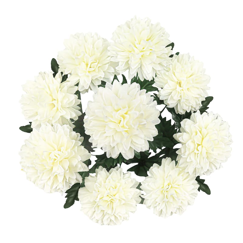 Set of 2 Cream White Artificial Ball Mum Pom Pom Flower Stem Bush Bouquet 22in - 22" L x 10" W x 10" DP