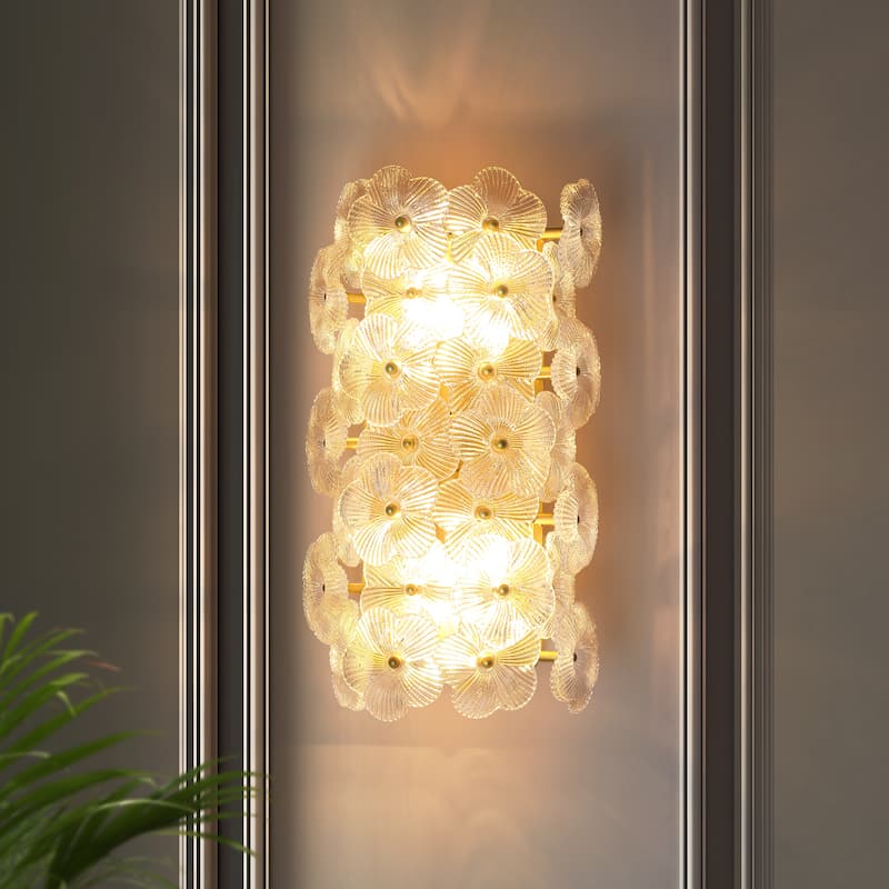 Starsky 2-Light Gold Floral Glass Wall Sconce ,Decorative Wall Lamp with Textured Glass Shade for Indoor Spaces