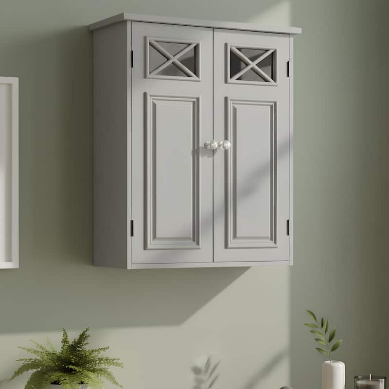Teamson Home Dawson 2-Door Gray Bathroom Wall Cabinet, Removable Glass Panel, Adjustable Shelf, Cross Molding Storage