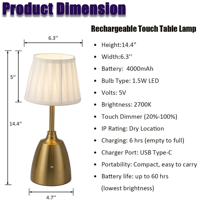 Classic Rechargeable LED Table Lamp with Fabric Shade Touch Control USB Cordless Nightstand Light for Nightstand Room - W6.3‘’