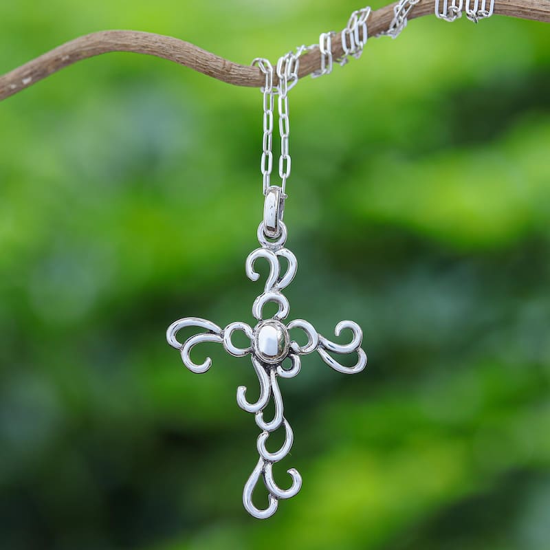 Novica Handmade Gothic Lace Sterling Silver Cross Necklace