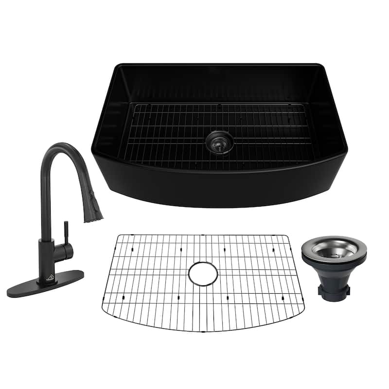 All-in-One Curved Design Single Bowl Farmhouse/Apron-Front Fireclay Kitchen Sink with Pull Down Kitchen Faucet and Accessories