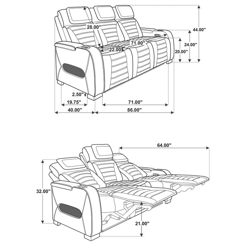 Zuma Faux Leather Dual Power LED Sofa Set Black