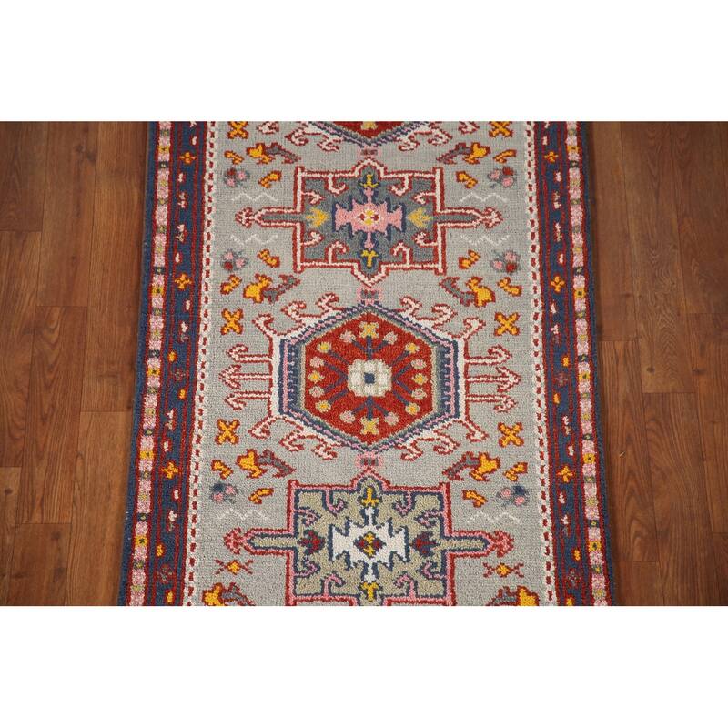 Geometric Green Kazak Indian Runner Rug Hand-knotted Wool Carpet - 2'6"x 9'11"