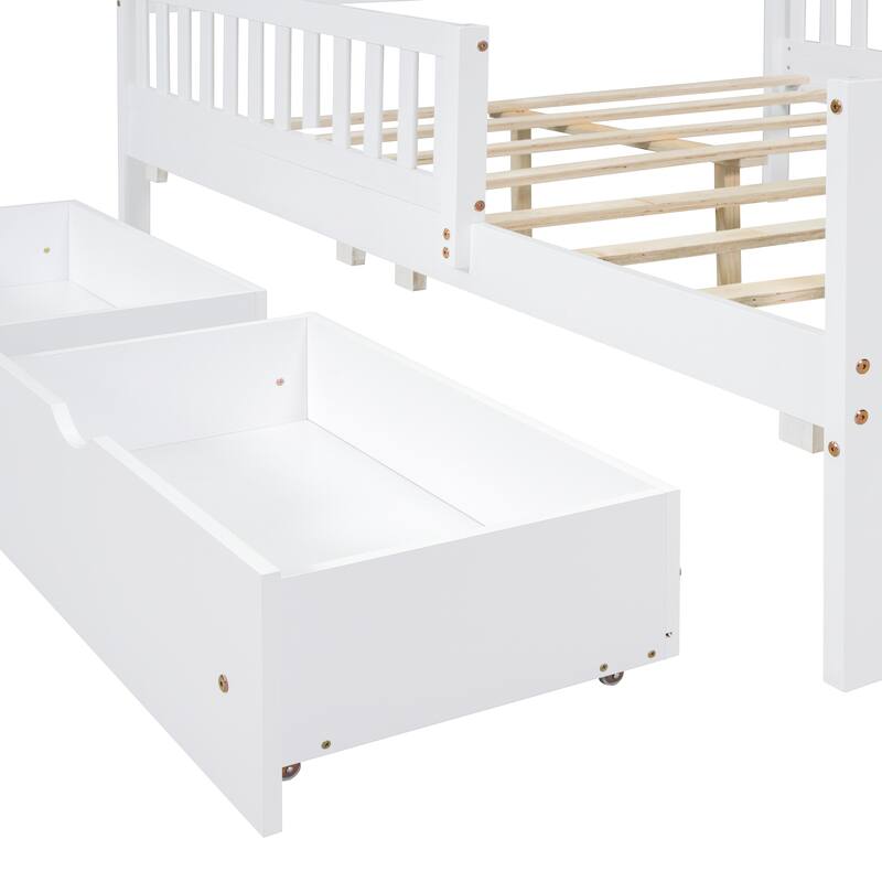 White Full Size Wood Platform Bed with Guardrails and 2 Storage Drawers