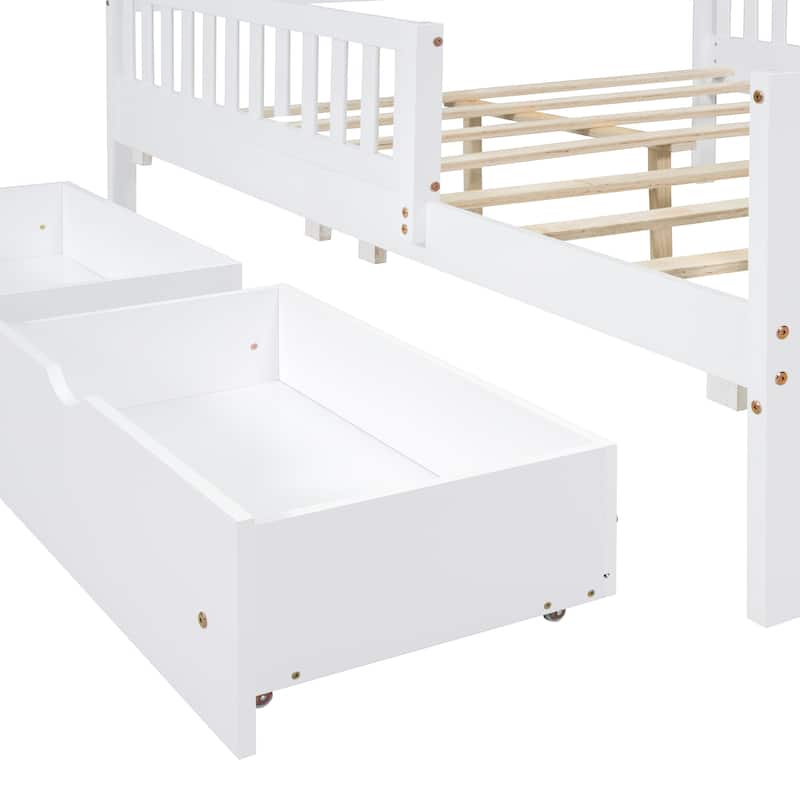 White Full Size Wooden Platform Bed with Guardrails on Both Sides and Two Storage Drawers