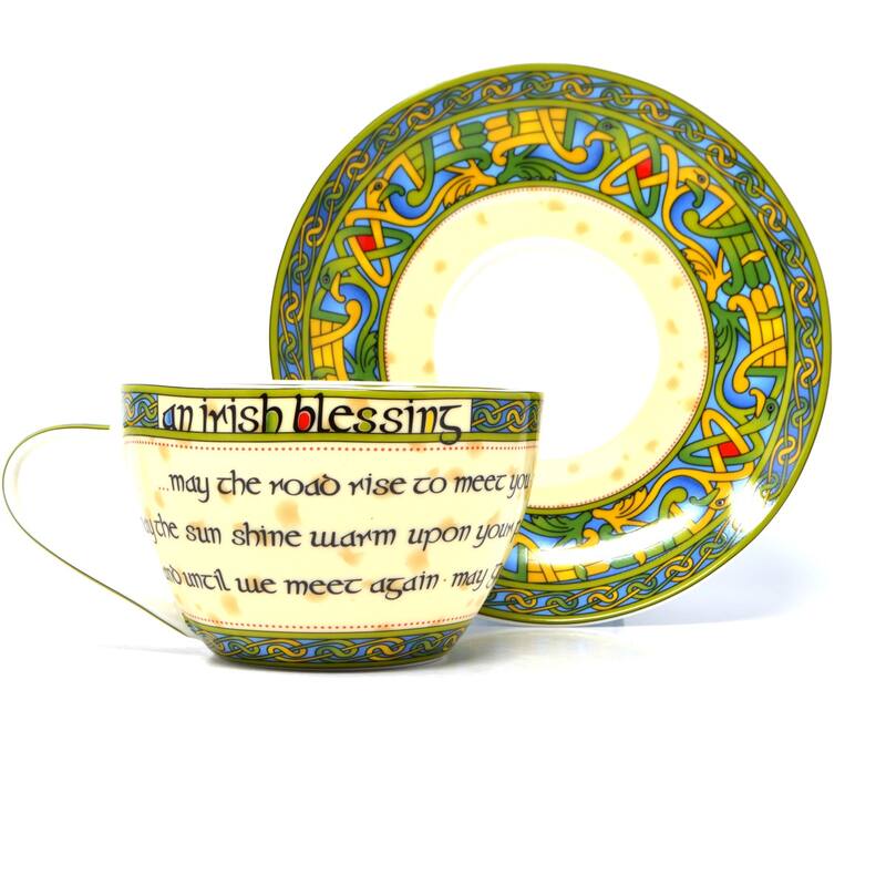 10.5oz Bone China Cup with Saucer multi-Color Irish Blessing and Celtic Knot Design