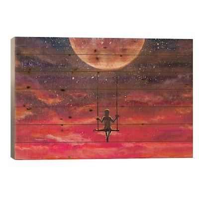 Girl Guy Rides On Swing In Sky Against Starry Sky. Print On Wood by Valery Rybakow - Multi-Color