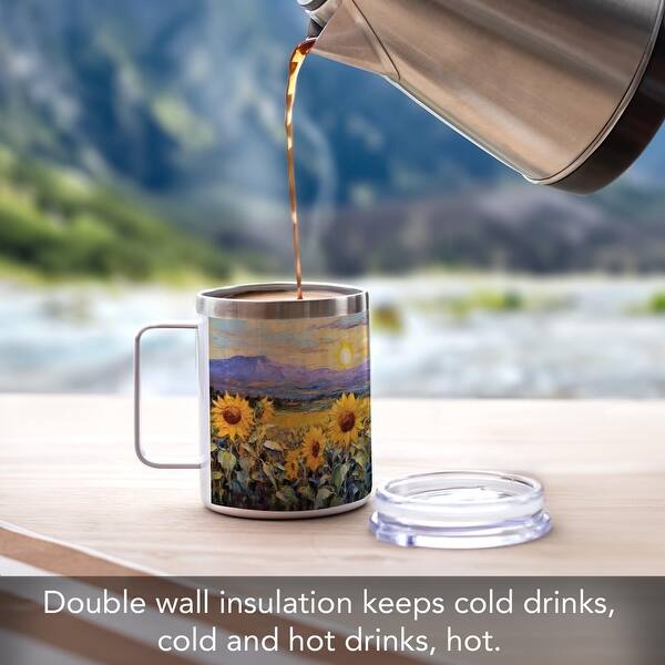 Field Of Sunflowers Double Wall Stainless Steel Mug with Lid 12 oz. Manufactured in the USA - Multi