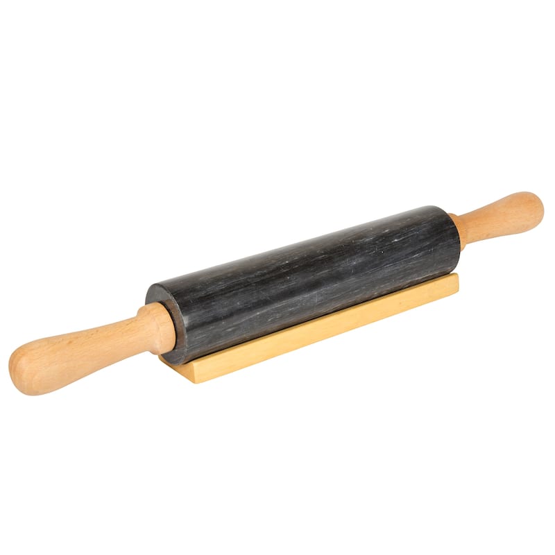 Creative Home Black Marble 18" Length Rolling Pin w/Deluxe Wood Handles and Cradle - Black