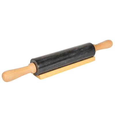 Creative Home Black Marble 18" Length Rolling Pin w/Deluxe Wood Handles and Cradle