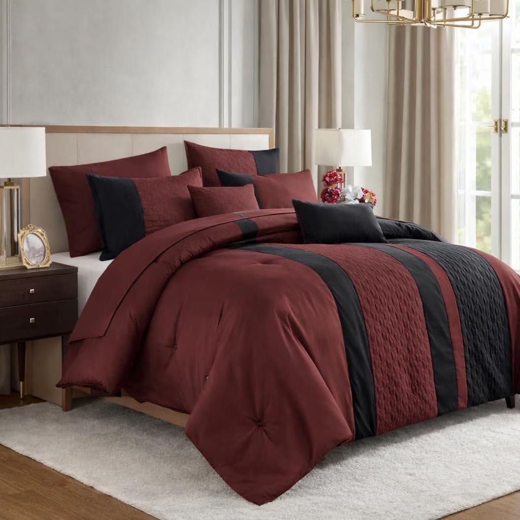 Burgundy Black Striped Geometric Modern 9 Piece Bed-in-a-bag Comforter Set