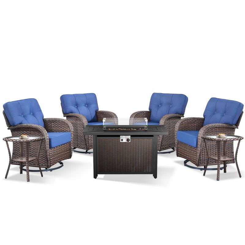 Pocassy Outdoor 43 In Fire Table with Sofa Patio Swivel Chair Set