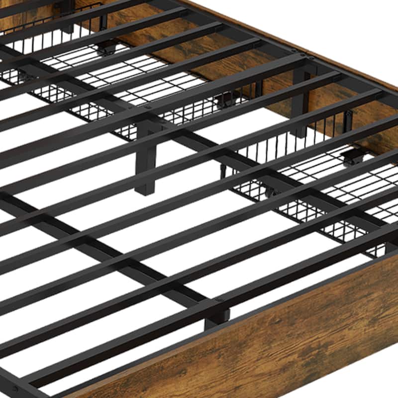 Queen/King Size LED Bed Frame with Bookcase Headboard, 4 Storage Drawers and Charging Station