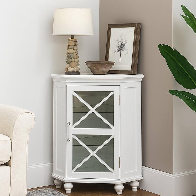 Teamson Home 25" W White Corner Freestanding Floor Cabinet, Tempered Glass Shelves, Adjustable Storage for Bathroom and Kitchen