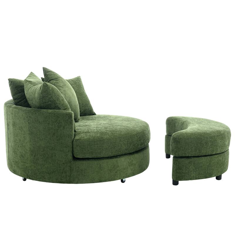360° Swivel Accent Barrel Chair with Storage Ottoman & 4 Pillows, Modern Chenille Leisure Chair Round Accent