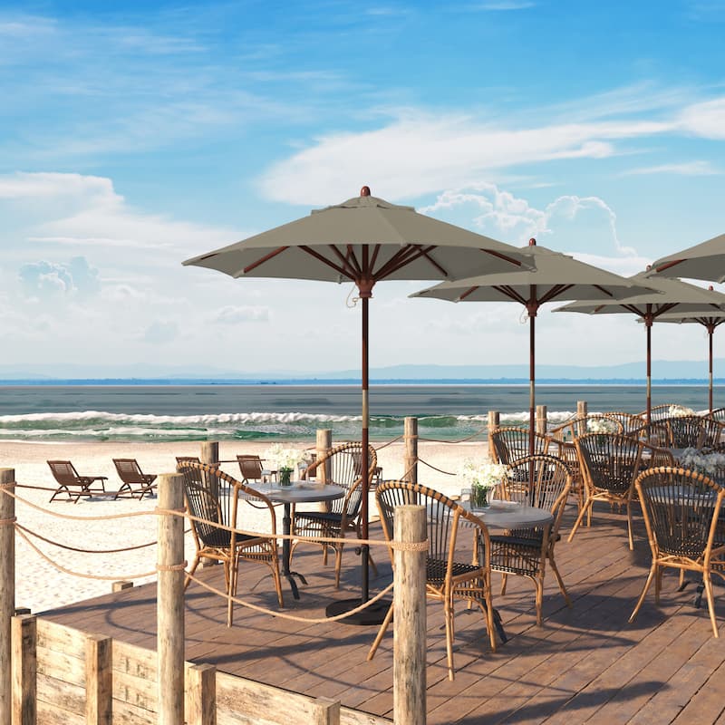 California Umbrella 7.5' Round Marenti Wood Frame Patio Umbrella with Pacifica Fabric, Base Not Included - Taupe