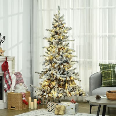HOMCOM 6ft Tall Prelit Artificial Christmas Tree Holiday Décor with 838 Snow Flocked Branches, 350 Warm White LED Lights, Green