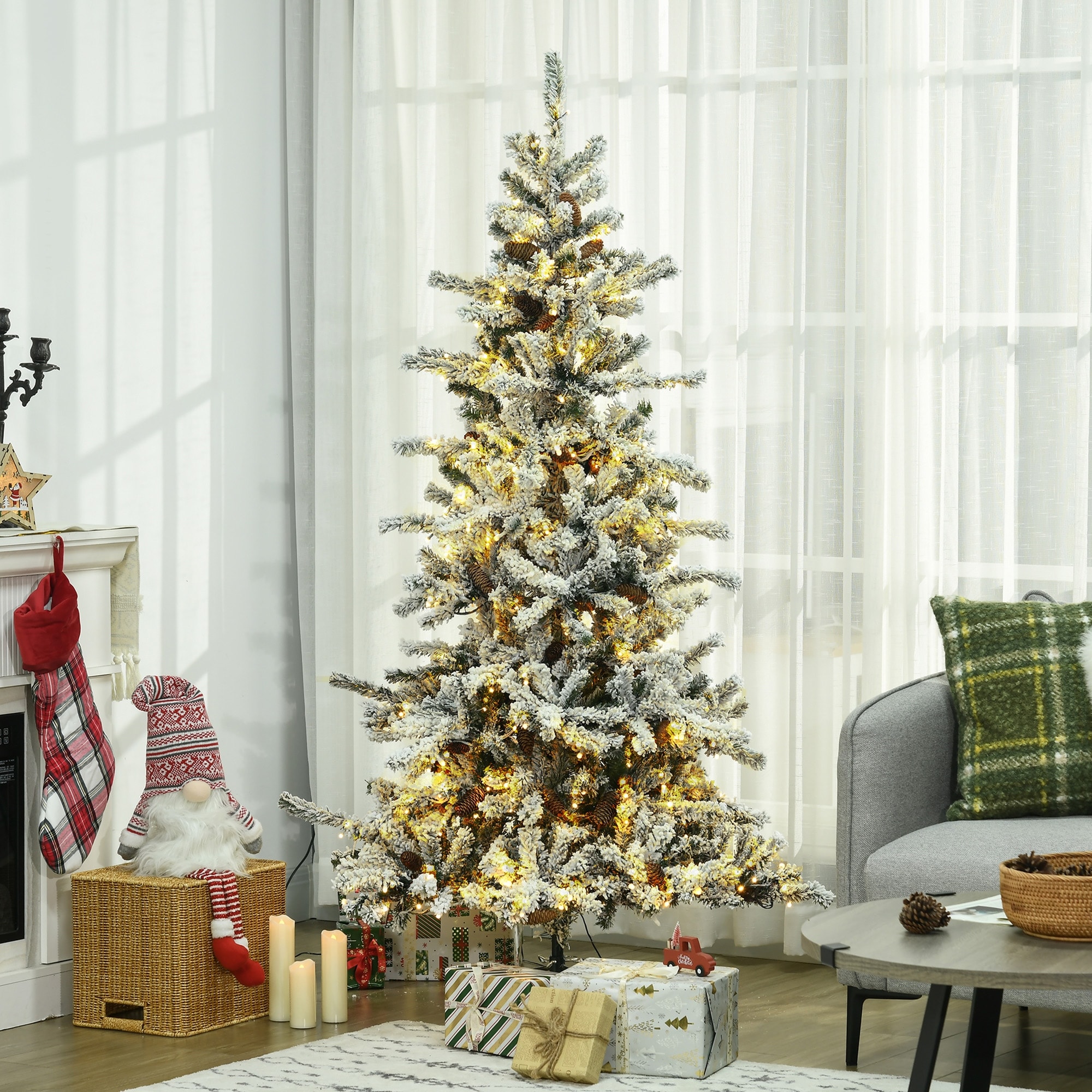 HOMCOM 6ft Tall Prelit Artificial Christmas Tree Holiday Décor with 838 Snow Flocked Branches, 350 Warm White LED Lights, Green