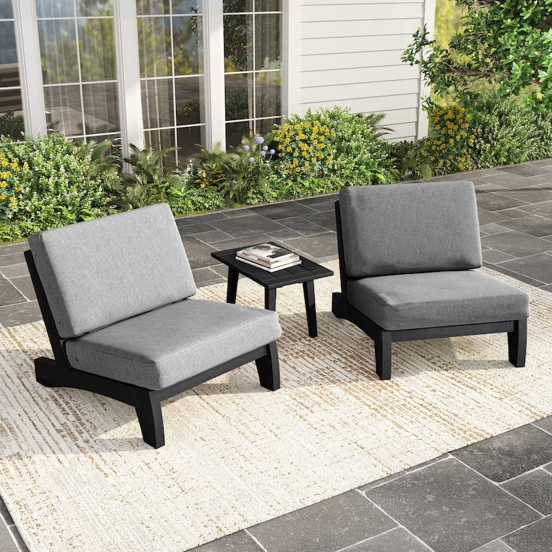 3 Piece Teak Wood Outdoor Conversation Chair Set with Table, Cushion - Dark Wood - Grey