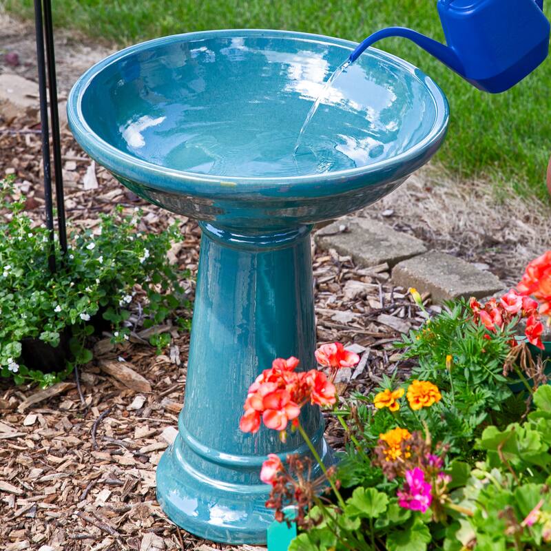Sunnydaze Calais Glazed Ceramic Bird Bath - Jade Green - 25" H