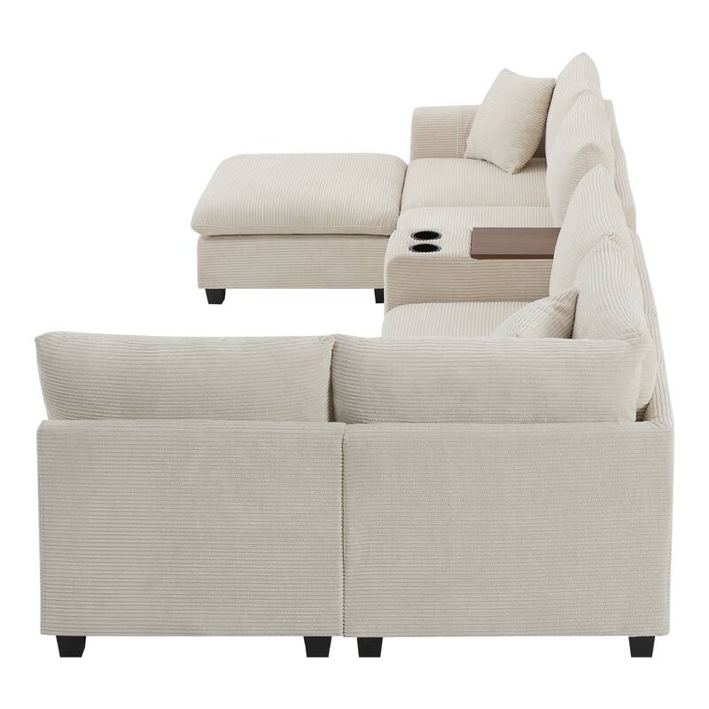 Convertible Modular Sofa 6 Seat Sectional Corduroy Couch with Side Pockets, Cup Holder, USB and Storage Ottoman for Living Room