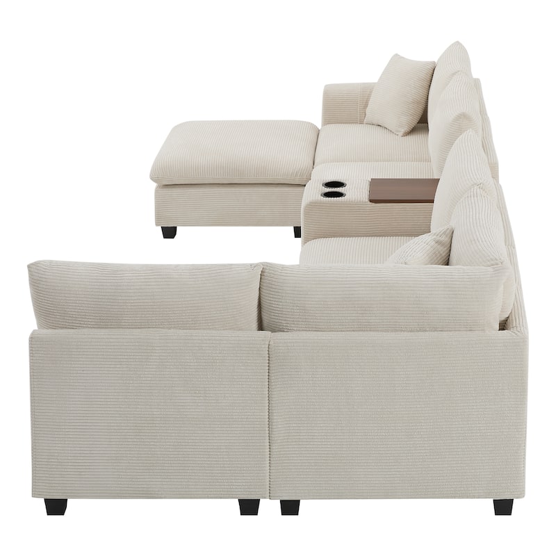U Shaped Chenille Sofa w/Ottoman,Console,Cup Holder,Wide Seat,USB