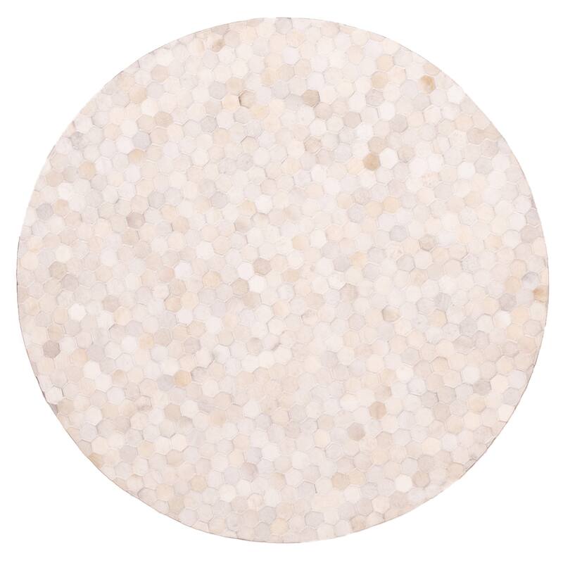 ECARPETGALLERY Handmade Cowhide Patchwork Cream Leather Rug - 5'1 x 5'1