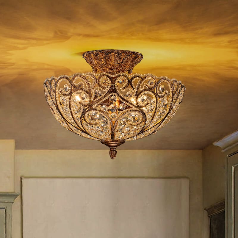 4-Light 14'' in. Glam Antique Bronze Crystal Semi Flush Mount - 14.2